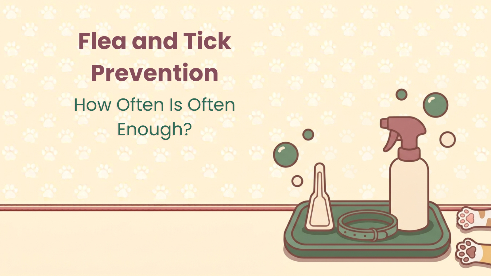 Flea and tick prevention products with a cat and dog paw, illustration for the flea and tick prevention schedule guide