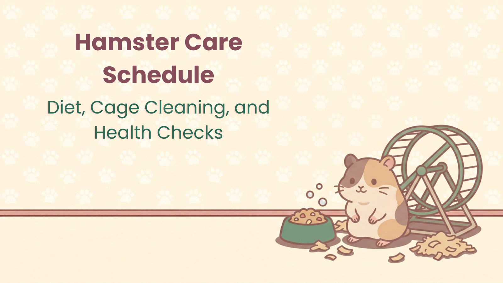 Hamster next to an exercise wheel and food bowl, illustration for the hamster care schedule guide