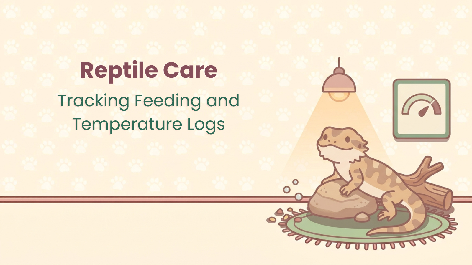 Cartoon lizard under a heat lamp with a thermometer card, illustration for reptile care feeding and temperature guide