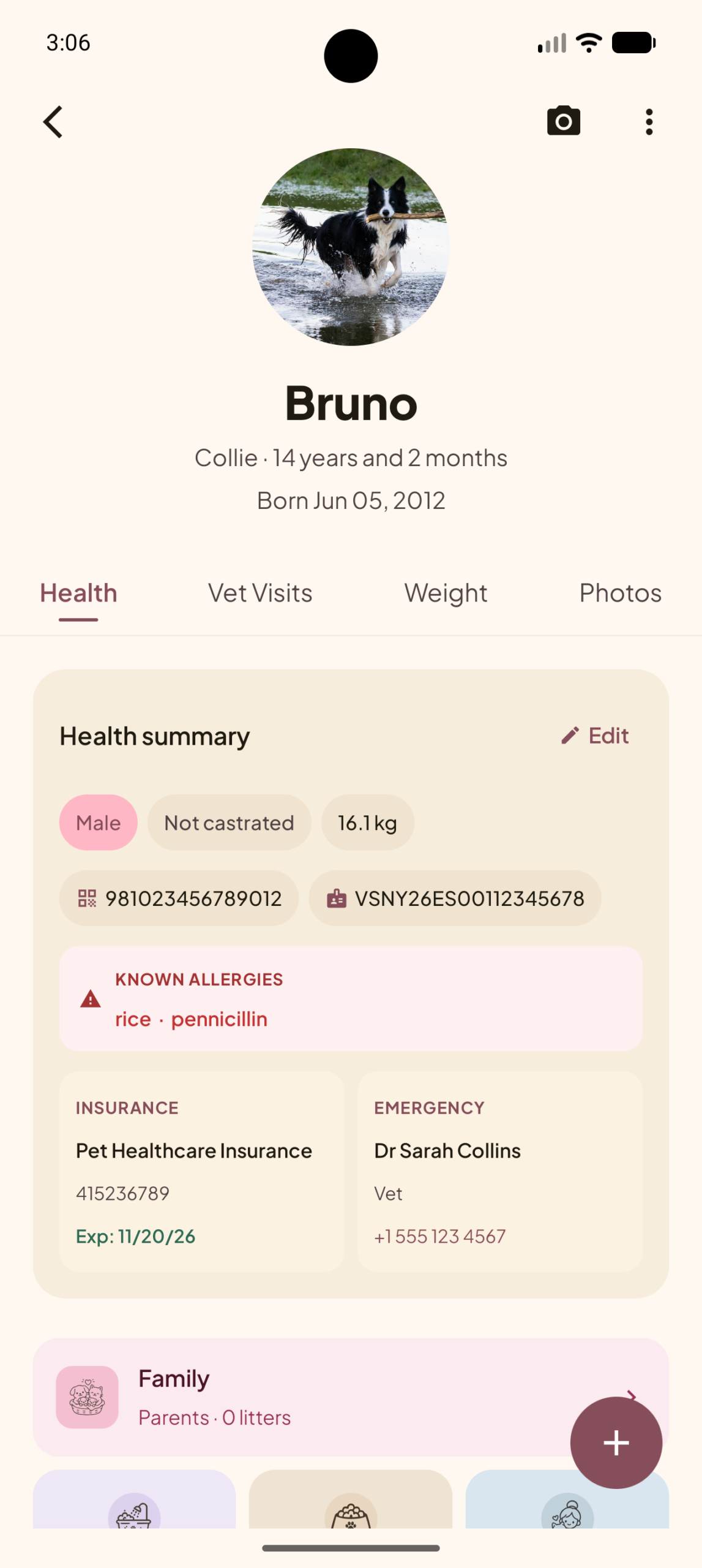 Complete pet health profile showing microchip, allergies, insurance, and emergency contact in the Mochi app
