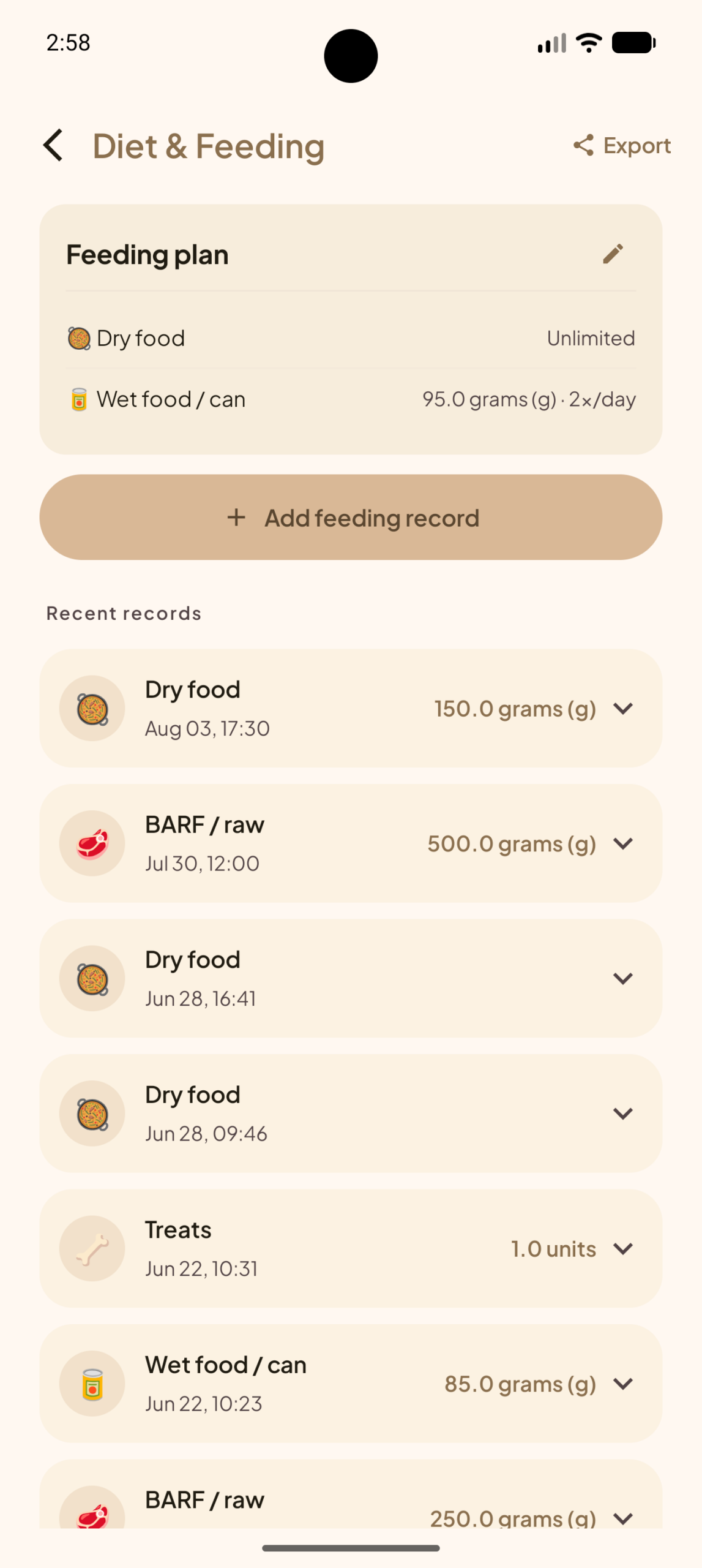 Dog diet log showing multiple feeding entries in the Mochi app