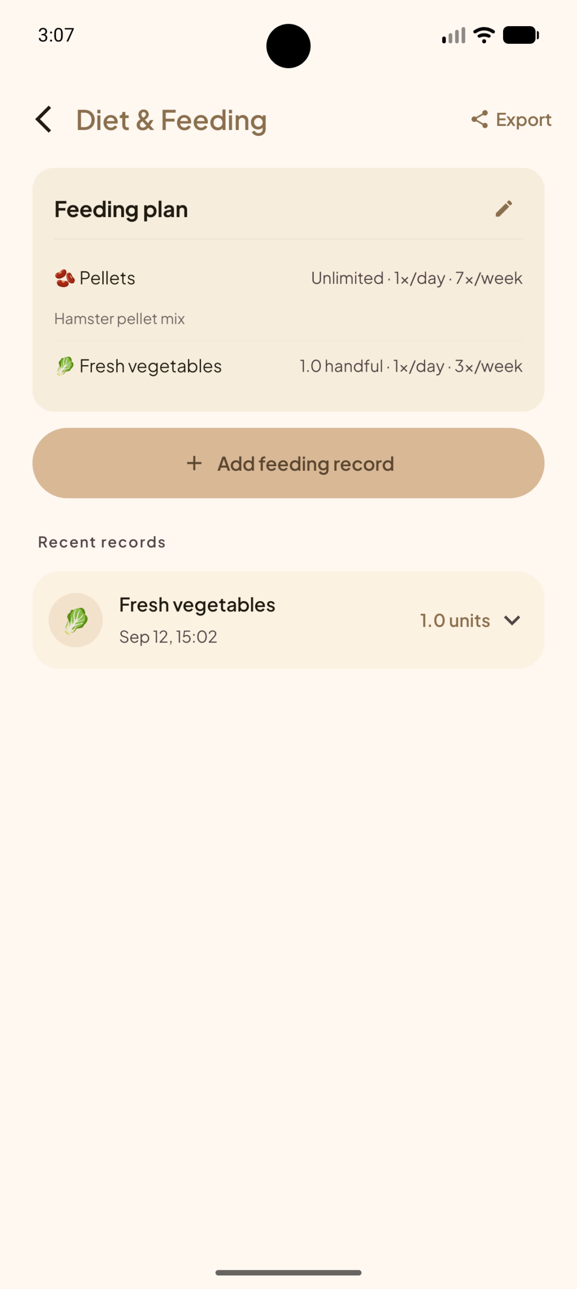 Hamster feeding plan with pellets and fresh vegetables in the Mochi app