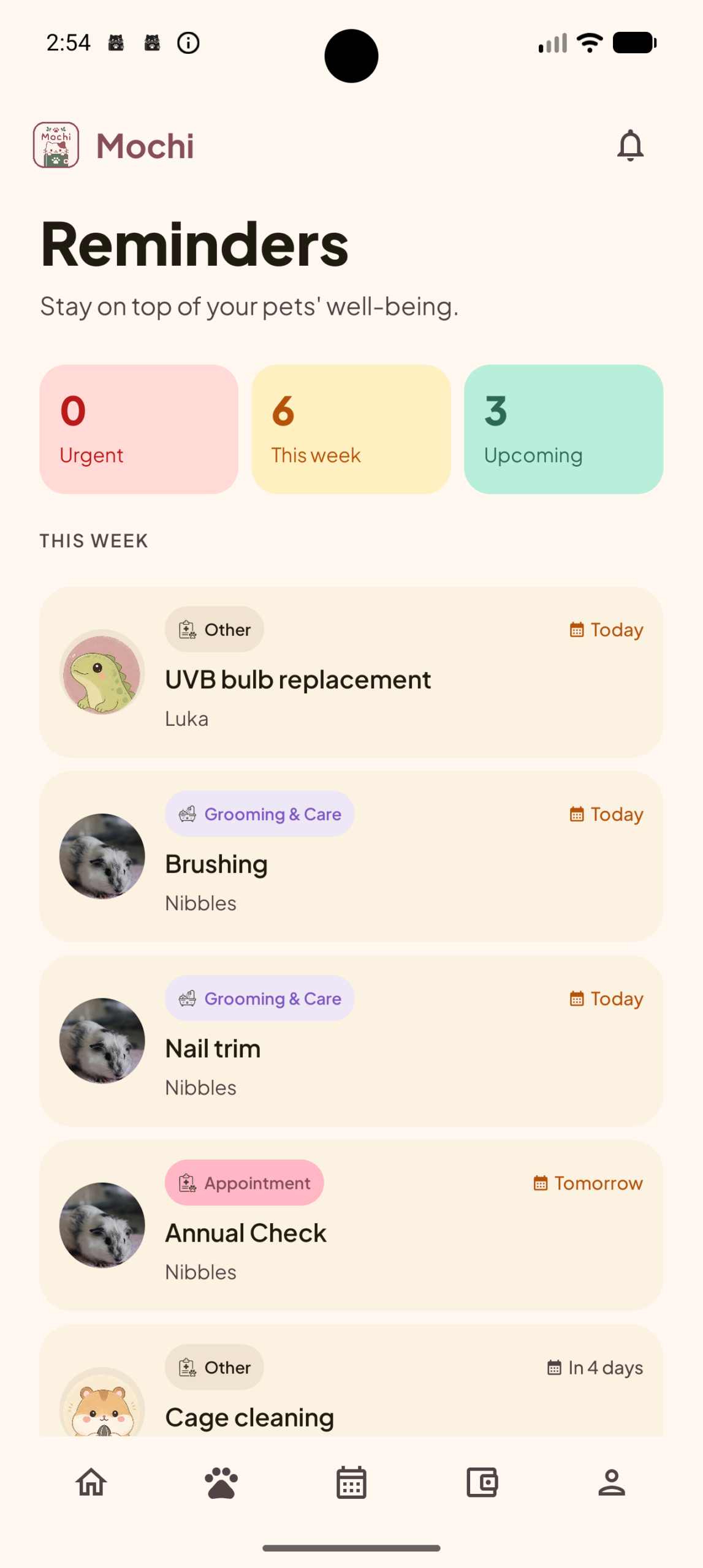 Vet visit and care reminders for different exotic pets tracked separately in the Mochi app