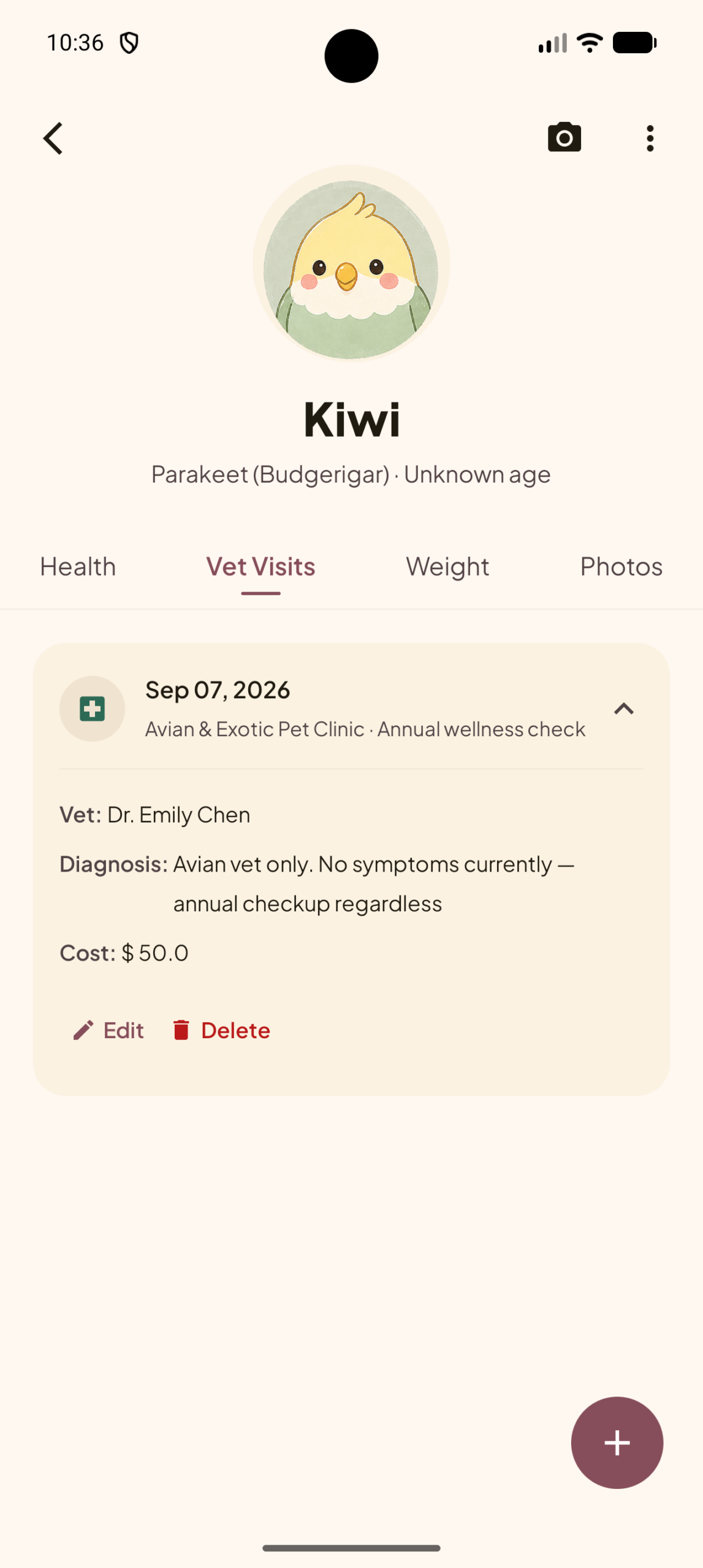 Annual vet visit reminder for a pet bird in the Mochi app